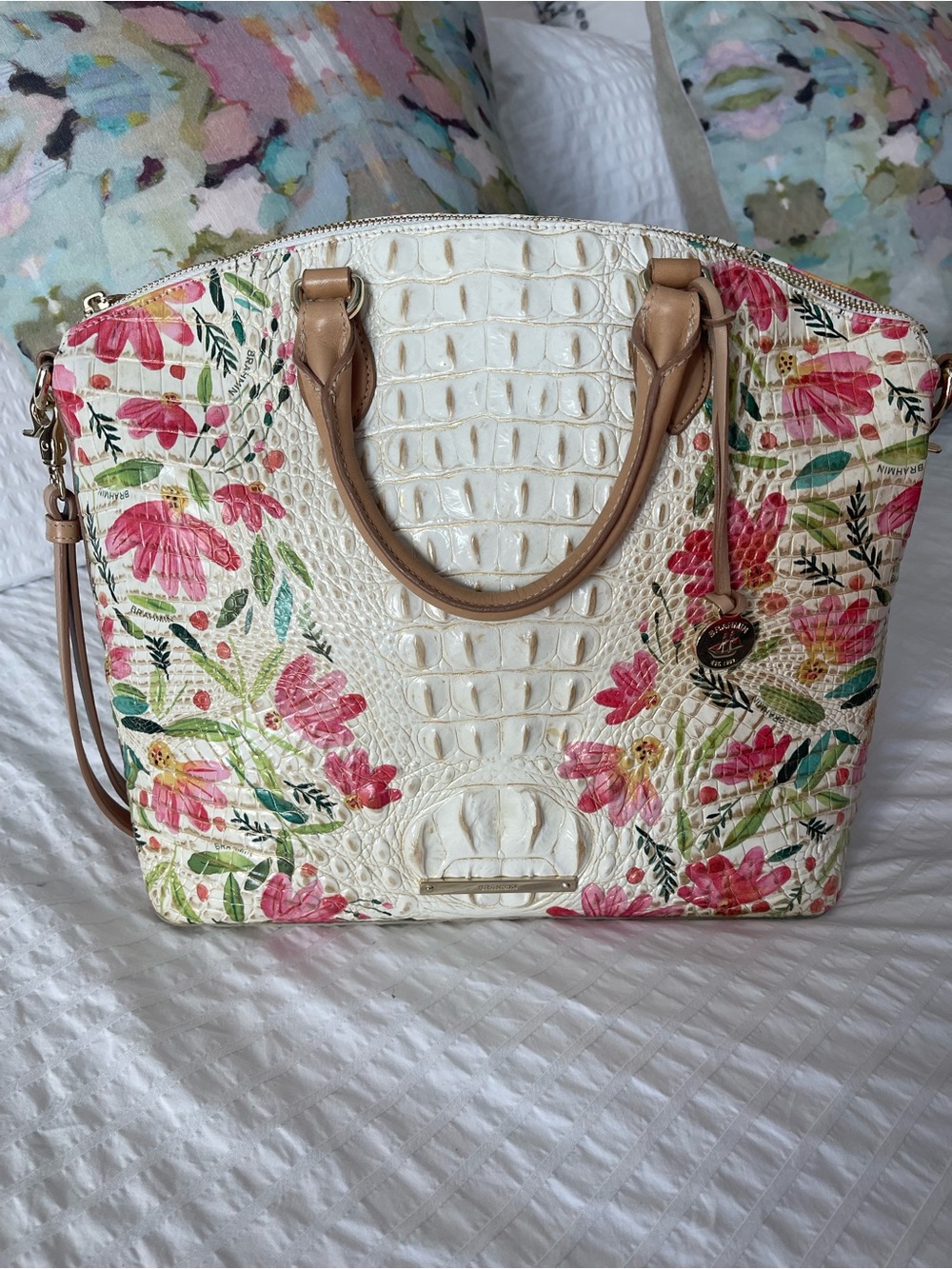 Brahmin Cream Floral Embossed Leather Tote with Tan Handles - Picture 2 of 8
